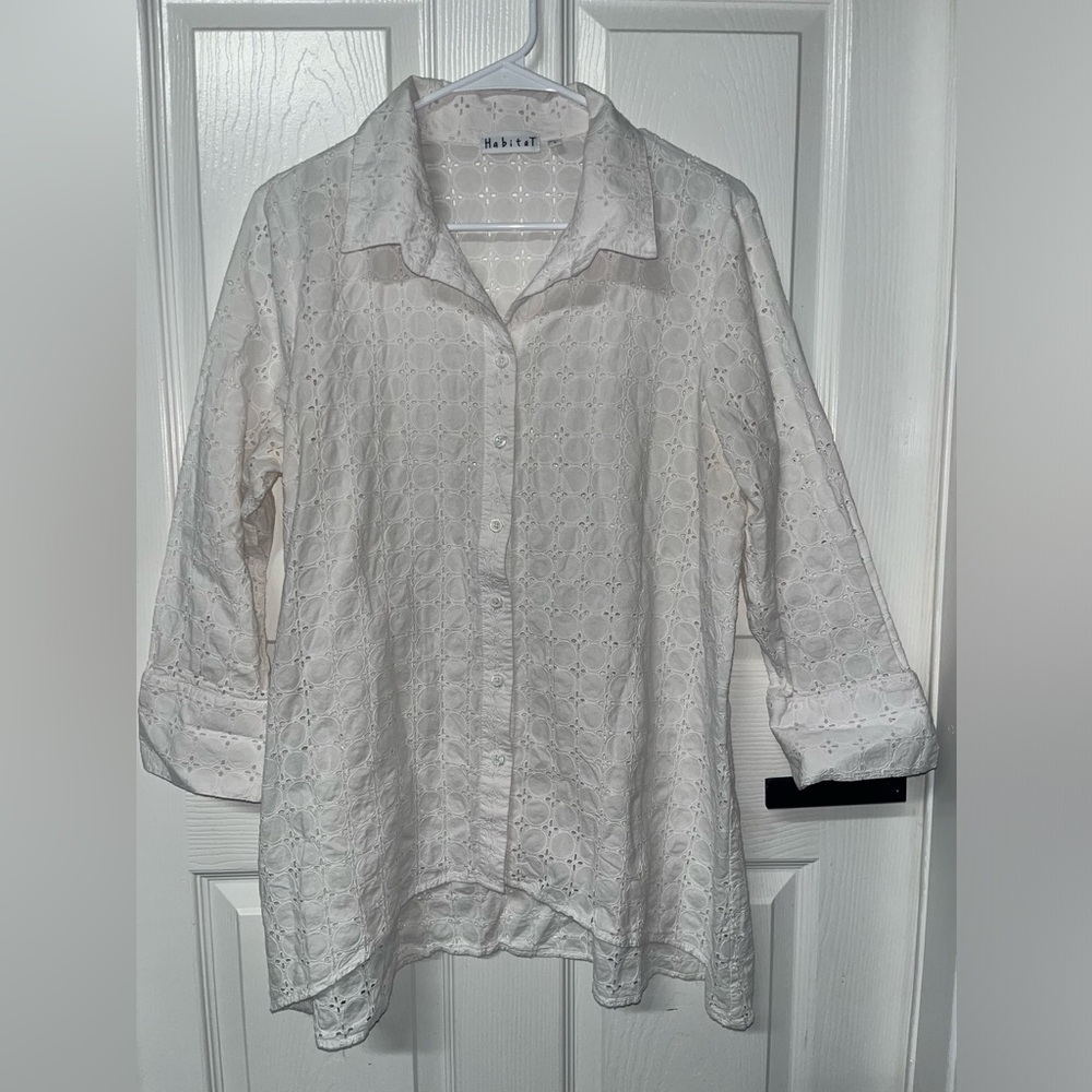 Habitat White Lace Cotton Button-Down Long Sleeves Tunic large